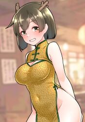 Rule 34 | 1girl, alternate costume, blurry, blurry background, breasts, brown hair, china dress, chinese clothes, dragon horns, dress, fake horns, furaggu (frag 0416), highres, hiryuu (kancolle), horns, kantai collection, large breasts, no panties, short hair, side slit, sleeping, smile, solo, yellow dress, yellow eyes