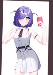 Rule 34 | 1girl, absurdres, blush, blush stickers, cellphone, commission, dress, eien project, green eyes, hair ornament, hairclip, highres, knee up, knees up, looking at object, looking at phone, looking to the side, mirror, nose, one eye covered, phone, purple hair, selfie, shirt, short hair, simple background, smartphone, smile, solo, thighs, virtual youtuber, wall, white background, zumi dokumi