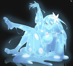 Rule 34 | absurdres, blue eyes, blue skin, breast press, breasts, colored skin, flower, flower on head, highres, large breasts, looking at viewer, monster girl, no nipples, parted lips, slime girl, smile, solo