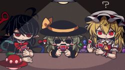 Rule 34 | 3girls, ?, arm ribbon, asymmetrical wings, bags under eyes, black dress, black eyes, black hair, black headwear, blonde hair, blue gemstone, blush, blush stickers, card, collar, collared shirt, dress, empty eyes, expressionless, fang, fang out, flandre scarlet, frilled hat, frilled shirt, frilled shirt collar, frilled sleeves, frilled wristband, frills, gem, green collar, green gemstone, green hair, hair between eyes, hat, hat ornament, hat ribbon, heart, holding, holding card, houjuu nue, jewelry, komeiji koishi, light bulb, long hair, long sleeves, looking at another, looking at object, mob cap, multiple girls, neck ribbon, neckerchief, open mouth, playing card, pointy ears, ponytail, puffy short sleeves, puffy sleeves, purple gemstone, red eyes, red ribbon, red vest, red wristband, ribbon, shirt, short hair, short sleeves, side ponytail, sleeve ribbon, slit pupils, smile, snake, table, third eye, touhou, ufo, vampire, vest, white headwear, white shirt, wings, wristband, yellow neckerchief, yellow ribbon, yellow shirt, zunusama