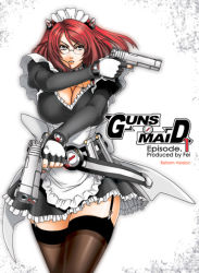 Rule 34 | breasts, combat maid, dual wielding, fei (maidoll), garter straps, glasses, gun, handgun, hands on own hips, holding, large breasts, maid, original, pistol, red hair, semi-automatic firearm, short hair, solo, thighhighs, weapon