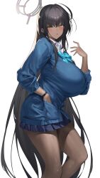Rule 34 | 1girl, :o, absurdres, ahoge, black hair, black wristband, blue archive, blue bow, blue bowtie, blue cardigan, blue skirt, blush, bow, bowtie, breasts, cardigan, collared shirt, dark-skinned female, dark skin, hair between eyes, halo, hand in pocket, hand up, highres, huge breasts, karin (blue archive), long hair, looking at viewer, pleated skirt, purple halo, school uniform, shirt, skirt, solo, thighs, very long hair, white background, white shirt, yamanokami eaka, yellow eyes