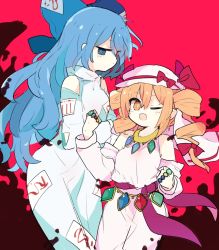 Rule 34 | 2girls, 76gpo, blue bow, blue eyes, blue hair, bow, dress, drill hair, hair bow, hat, hat bow, highres, jewelry, keffiyeh, long hair, mob cap, multiple girls, official alternate costume, open mouth, orange eyes, orange hair, pendant, ring, touhou, twin drills, very long hair, wavy hair, white dress, yorigami jo&#039;on, yorigami shion