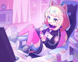 Rule 34 | 1girl, :3, :d, alarm clock, animal ears, black footwear, black jacket, blush, book, book stack, can, cat ears, cat girl, cat tail, chair, clock, coffee cup, colored shoe soles, commentary request, cross-laced footwear, cup, disposable cup, doughnut, drink can, fang, food, food bite, full body, gaming chair, green eyes, hair ornament, holding, holding food, indoors, jacket, knees up, long sleeves, medium hair, monitor, multicolored clothes, multicolored jacket, nintendo switch, open mouth, original, pastry box, pink hair, pink thighhighs, saijo1201, scrunchie, shoes, sitting, smile, sneakers, soda can, solo, swivel chair, tail, thighhighs, two-tone jacket, white jacket, x hair ornament
