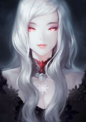 Rule 34 | 1girl, albino, black dress, breasts, choker, cleavage, dress, glowing, glowing eyes, highres, light smile, lips, long hair, looking at viewer, original, pale skin, parted lips, patipat asavasena, pink eyes, portrait, realistic, red eyes, revision, sidelocks, small breasts, snowflakes, solo, upper body, vampire, white hair