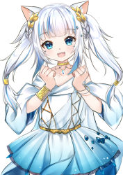 Rule 34 | 1girl, :d, absurdres, animal ears, bare shoulders, blue dress, blue eyes, blue hair, blush, cat ears, collarbone, dress, gawr gura, gawr gura (party dress), gradient dress, hands up, highres, hololive, hololive english, long hair, looking at viewer, multicolored hair, open mouth, pleated dress, rinringyo, sharp teeth, simple background, smile, solo, standing, streaked hair, teeth, twintails, virtual youtuber, white background, white dress, white hair