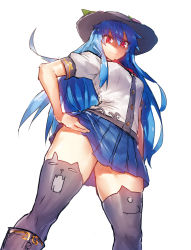 Rule 34 | 1girl, adapted costume, animal ear legwear, black hat, black thighhighs, blue hair, blue skirt, boots, bow, bowtie, breasts, cat cutout, cat ear legwear, closed mouth, clothing cutout, cowboy shot, dress shirt, food, from below, fruit, hair between eyes, hand on own hip, hat, highres, hinanawi tenshi, leaf, long hair, looking down, medium breasts, melon22, peach, puffy short sleeves, puffy sleeves, red bow, red bowtie, red eyes, shirt, short sleeves, sidelocks, skirt, smile, solo, thighhighs, touhou, very long hair, white shirt