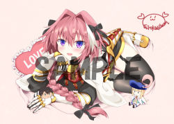 Rule 34 | 1other, 2boys, :d, armor, astolfo (fate), bed sheet, black bow, black gloves, black shirt, black skirt, blush, boots, bow, braid, buckle, chevalier d&#039;eon (fate), chibi, cloak, commentary request, emblem, fate/apocrypha, fate (series), faulds, frilled pillow, frills, fujimaru ritsuka (male), full body, fur-trimmed cloak, fur collar, fur trim, garter straps, gauntlets, gloves, gold trim, gorget, hair between eyes, hair bow, hair intakes, hair over shoulder, hand on own cheek, hand on own face, hand up, head rest, heart, heart-shaped pillow, kanitama, knee boots, long hair, long sleeves, looking at viewer, lying, male focus, miniskirt, multicolored hair, multiple boys, on stomach, open mouth, pillow, pink background, pink hair, purple eyes, raised eyebrows, sample watermark, shirt, signature, simple background, single braid, skirt, smile, solo focus, streaked hair, thigh gap, thighhighs, trap, turtleneck, two-tone hair, watermark, white cloak, white footwear, white hair, zettai ryouiki