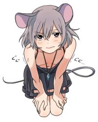 Rule 34 | 1girl, adapted costume, alternate costume, anger vein, animal ears, blush, breasts, cleavage, downblouse, dress, extended downblouse, flat chest, from above, grey hair, jewelry, kneeling, looking at viewer, mouse ears, mouse tail, navel, nazrin, necklace, no bra, red eyes, short hair, simple background, sleeveless, solo, sweatdrop, tail, text focus, touhou, toujou (toujou ramen), trembling, white background