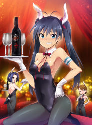 Rule 34 | &gt;;d, 3girls, :d, ;d, alternate hairstyle, animal ears, ass, black hair, black legwear, blue eyes, blush, bottle, breasts, cleavage, clenched teeth, covered navel, cup, detached collar, drinking glass, fake animal ears, from behind, futami ami, ganaha hibiki, gloves, hand on own hip, hand on own chin, high heels, highres, idolmaster, idolmaster (classic), kaiga, leg up, leotard, long hair, looking at viewer, looking back, medium breasts, miura azusa, multiple girls, navel, one eye closed, one side up, open mouth, pantyhose, playboy bunny, rabbit ears, rabbit tail, sitting, slayer (band), smile, solo focus, standing, tail, teeth, tray, twintails, v-shaped eyebrows, white gloves, wine bottle, wine glass, wink