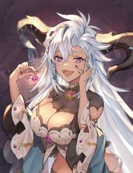 Rule 34 | 1girl, breasts, cleavage cutout, clothing cutout, dark-skinned female, dark skin, detached sleeves, dragon girl, dragon horns, earrings, fangs, fediel (granblue fantasy), granblue fantasy, hair ornament, hand on own face, horns, jewelry, large breasts, long hair, messy hair, nail polish, open mouth, purple eyes, shiromimin, silver hair, skull hair ornament, smile, solo, sparkle, very long hair, wide sleeves