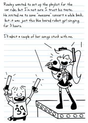 Rule 34 | 1boy, 1girl, :d, absurdres, arms up, boots, buck teeth, commentary, crossover, diary of a wimpy kid, dizzyisdizzy, english commentary, english text, glowstick, greyscale, hatsune miku, highres, holding, holding glowstick, holding microphone, jeff kinney (style), lined paper, microphone, monochrome, necktie, open mouth, parody, rowley jefferson, shirt, short sleeves, skirt, smile, style parody, teeth, thigh boots, twintails, vocaloid