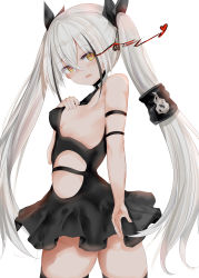 Rule 34 | 1girl, absurdres, arm behind back, armband, armpits, ass, bare shoulders, black dress, black gloves, black streaks, blush, breasts, crossed bangs, destroyer (girls&#039; frontline), dress, dress tug, electricity, eyes visible through hair, fang, from behind, from side, girls&#039; frontline, gloves, hair between eyes, hair ornament, hair ribbon, hairband, headgear, heart, heart-shaped pupils, highres, long hair, looking at viewer, looking back, medium breasts, multicolored hair, open mouth, pale skin, ribbon, ru zhai, sangvis ferri, sideboob, sidelocks, silver hair, simple background, skindentation, smile, solo, streaked hair, symbol-shaped pupils, thighhighs, thighs, twintails, very long hair, white background, wind, wind lift, yellow eyes