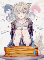 Rule 34 | + +, 3girls, absurdres, ahoge, animal ears, arknights, baklava, black hair, black jacket, blue eyes, cake, chinese commentary, chinese text, collarbone, drooling, emphasis lines, exusiai (arknights), food, grey shirt, hair between eyes, hair ornament, halo, highres, holding, holding phone, jacket, lappland (arknights), messy hair, multiple girls, phone, red hair, shirt, sparkle, sparkling eyes, squatting, sweatdrop, tail, tail wagging, texas (arknights), weibo watermark, white background, white hair, wolf ears, zuo daoxing
