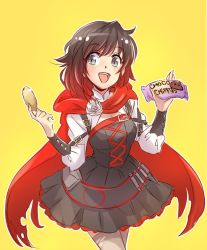 Rule 34 | 1girl, black hair, cape, chocolate chip cookie, commentary, cookie, food, iesupa, ruby rose, rwby, smile, solo, yellow background