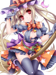 Rule 34 | 1girl, black thighhighs, blonde hair, blush, bow, broom, broom riding, crescent, gloves, halloween, hat, highres, jack-o&#039;-lantern, long hair, looking at viewer, monety, original, pumpkin, red eyes, skirt, smile, solo, star (symbol), thighhighs, twintails, witch hat