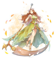 Rule 34 | 1girl, arm strap, breasts, brown hair, circle, circlet, cleavage, dress, feathers, final fantasy, final fantasy xiv, floating, flower, full body, green dress, green eyes, hair ornament, highres, holding, holding scythe, holding weapon, large breasts, leaf hair ornament, long hair, looking to the side, nophica, omori hakumai, parted bangs, petals, sandals, scythe, sideboob, smile, solo, strapless, strapless dress, thighlet, very long hair, wavy hair, weapon, wind, wristband
