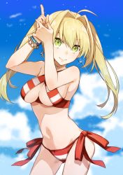 Rule 34 | 10s, 1girl, ahoge, bare arms, bare shoulders, bikini, blonde hair, blue sky, bracelet, breasts, cleavage, cloud, cloudy sky, collarbone, commentary request, cowboy shot, criss-cross halter, day, earrings, eyelashes, fate/extra, fate/grand order, fate (series), finger gun, glint, green eyes, groin, hair between eyes, hair intakes, halterneck, hands up, highres, jewelry, large breasts, lips, long hair, looking at viewer, medium breasts, midriff, navel, nero claudius (fate), nero claudius (fate) (all), nero claudius (swimsuit caster) (fate), outdoors, sakino saku, side-tie bikini bottom, sidelocks, sky, solo, standing, stomach, striped bikini, striped clothes, swimsuit, twintails, underboob