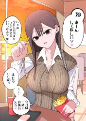Rule 34 | 1girl, :d, breasts, brown eyes, brown hair, chair, cleavage, earrings, food, french fries, highres, jewelry, large breasts, long hair, looking at viewer, open mouth, original, school uniform, sitting, smile, solo, sunset, sweater vest, table, translated, tray, zurikishi