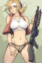 Rule 34 | 1girl, bandana, blonde hair, breasts, collarbone, covered erect nipples, crop top, curvy, denim, denim shorts, fumio (rsqkr), gender request, genderswap, gun, hand on thigh, headband, holding, impossible clothes, impossible shirt, large breasts, looking at viewer, lowleg, marco rossi, metal slug, midriff, navel, open clothes, open shirt, parted bangs, rifle, shirt, short hair, short shorts, shorts, sketch, snk, solo, sports bra, standing, tank top, thighs, torn clothes, vest, wavy hair, weapon, wide hips, wristband