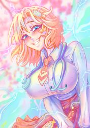 Rule 34 | absurdres, blonde hair, blue eyes, blue fayt, breast press, breasts, colorful, evil eyes, evil grin, evil smile, grin, highres, hololive, hololive english, large breasts, lightning, necktie, pocket watch, smile, stethoscope, time travel, virtual youtuber, watch, watson amelia, yandere