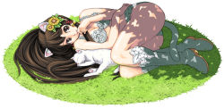 Rule 34 | 1girl, animal ears, ass, bell, bikini, boots, breasts, brown eyes, brown hair, cat, cat ears, cat tail, female focus, flower, full body, hair flower, hair ornament, jingle bell, long hair, looking at viewer, lying, maruta kentarou, nature, on grass, on ground, on side, original, shade, sitting, smile, solo, swimsuit, tail