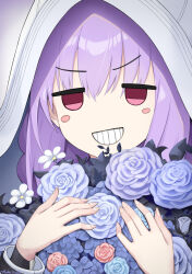 Rule 34 | 1girl, atsuko (blue archive), blue archive, blush stickers, bouquet, commentary, empty eyes, english commentary, flower, grin, highres, holding, holding bouquet, hood, jacket, jitome, looking at viewer, meme, purple hair, red eyes, smile, solo, teeth, upper body, white hood, white jacket, yuki7128