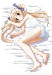 Rule 34 | 1girl, absurdres, ahoge, bare shoulders, barefoot, bed, blonde hair, blush, breasts, clover (series), clover heart&#039;s, feet, full body, highres, long hair, lying, mikoshiba rio, nimura yuuji, on side, pajamas, panties, ribbon, saiga (company), small breasts, smile, solo, twintails, underwear, white panties