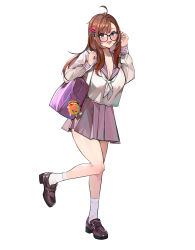 Rule 34 | 1girl, absurdres, ahoge, bag, black eyes, breasts, brown hair, cleavage, eyebrows hidden by hair, glasses, hair ornament, hairclip, highres, jintianhuahualema, large breasts, leg up, looking at viewer, open mouth, original, school bag, school uniform, simple background, skirt, smile, solo, standing, standing on one leg, uniform, white background