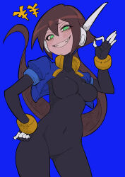 Rule 34 | 1girl, aile (mega man zx), bodysuit, breasts, brown hair, buzzlyears, fangs, grin, half-closed eyes, large breasts, mega man (series), mega man zx, mega man zx advent, smile