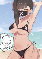 Rule 34 | 1girl, @ @, absurdres, armpits, arms up, doodle sensei (blue archive), bare shoulders, beach, bikini, black bikini, black eyes, black hair, blue archive, blue sky, blunt bangs, breasts, cloud, collarbone, commentary, cowboy shot, day, highres, kkry99, large breasts, mask, mouth mask, navel, ocean, sensei (blue archive), side-tie bikini bottom, side ponytail, sky, standing, stomach, sukeban (smg) (blue archive), swimsuit, water