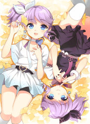 Rule 34 | 2girls, :d, bad id, bad pixiv id, bike shorts, blue eyes, bow, djmax, djmax portable, dress, earrings, hair bow, jewelry, ladymade star, lying, multiple girls, on back, open mouth, purple hair, siblings, side ponytail, sisters, sitting, smile, twins, upside-down, vanilla (shade)