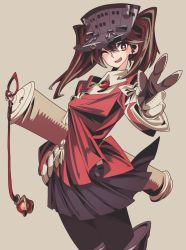 Rule 34 | 10s, 1girl, bad id, bad pixiv id, brown hair, gloves, grey background, hand on own hip, hat, highres, kantai collection, leather, leather gloves, looking at viewer, maikeru (dk maikel), miniskirt, one eye closed, orange eyes, pantyhose, pleated skirt, ryuujou (kancolle), school uniform, simple background, skirt, smile, solo, twintails, v