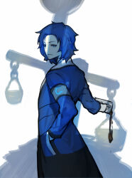 Rule 34 | 1boy, armband, balance scale, blue coat, blue eyes, blue hair, chesed (project moon), ckground, closed mouth, coat, coffee, cup, holding, holding cup, judgement bird, lobotomy corporation, looking at viewer, ma, male focus, mug, nishikujic, project moon, simple background, solo, weighing scale