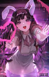 Rule 34 | 1girl, absurdres, animal ears, apron, artist name, bandaged arm, bandages, black hair, blood, blood on face, blush, breasts, commentary request, danganronpa (series), danganronpa 2: goodbye despair, dress, dress shirt, fake animal ears, heart, highres, large breasts, long hair, looking at viewer, mole, mole under eye, open mouth, pink blood, pink dress, pink eyes, puffy short sleeves, puffy sleeves, rabbit ears, reaching, reaching towards viewer, shirt, short sleeves, smile, solo, straight hair, teeth, tsumiki mikan, upper teeth only, very long hair, white apron, wisp (illothewisp), yandere trance