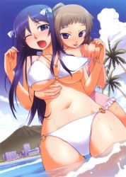 Rule 34 | 2girls, :p, absurdres, bare shoulders, bikini, blue eyes, blue hair, blue sky, blush, bow, breasts, brown hair, casual one-piece swimsuit, cloud, day, frilled swimsuit, frills, hair bow, highres, jewelry, koume keito, large breasts, long hair, multiple girls, navel, necklace, o-ring, o-ring bikini, o-ring bottom, o-ring top, one-piece swimsuit, one eye closed, open mouth, original, outdoors, palm tree, ponytail, sky, swimsuit, thigh gap, tongue, tongue out, tree, underboob, untied bikini, wading, water, wet, white bikini, wince