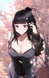 Rule 34 | 1girl, 1other, black bra, black dress, black hair, black nails, blunt bangs, blush, bra, breasts, cardigan, cherry blossoms, closed mouth, d (killer wife) (nikke), d (nikke), dongtan dress, dress, goddess of victory: nikke, hair ornament, hairclip, heart, heart necklace, highres, holding, jewelry, large breasts, leaning forward, long hair, meme attire, nail polish, necklace, official alternate costume, open cardigan, open clothes, pasadena, petals, red eyes, smile, underwear