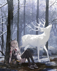 Rule 34 | 1girl, absurdres, against tree, animal, antlers, arknights, bare arms, bare shoulders, black footwear, black gloves, black thighhighs, blood, blood on clothes, blood on face, breasts, clothes writing, day, deer, dress, firewatch (arknights), firewatch (wilted cypress) (arknights), forest, full body, gloves, green eyes, highres, horns, huge filesize, long hair, looking at viewer, nature, official alternate costume, outdoors, reclining, shoes, short dress, silver hair, sleeveless, sleeveless dress, small breasts, snow, thighhighs, tree, white dress, winter, zheshe jing