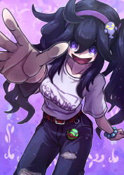 Rule 34 | 1girl, :d, @ @, ahoge, alternate costume, alternate hairstyle, belt, blue pants, cowboy shot, creatures (company), dusk ball, game freak, ghost hair ornament, hair between eyes, hairband, hex maniac (pokemon), highres, kotobukkii (yt lvlv), long hair, looking at viewer, nintendo, open mouth, outstretched hand, pants, poke ball, pokemon, pokemon tower ghost, pokemon xy, purple eyes, purple hair, purple hairband, shirt, smile, twintails, very long hair