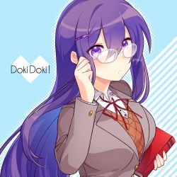 Rule 34 | 1girl, bespectacled, book, commentary, doki doki literature club, english commentary, eyes visible through hair, glasses, grey jacket, hair between eyes, hair ornament, hairclip, holding, holding book, jacket, long hair, long sleeves, looking at viewer, nan (gokurou), parted lips, purple eyes, purple hair, school uniform, shirt, simple background, solo, twitter username, upper body, white-framed eyewear, white shirt, wing collar, yuri (doki doki literature club)