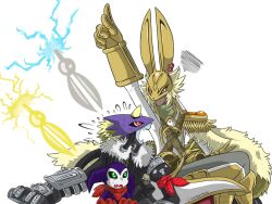Rule 34 | beelzebumon, diarbbitmon, digimon, digimon (creature), electricity, highres, impmon, looking at another, mask, rabbit mask, scarf