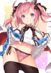 Rule 34 | 1girl, ahoge, armband, azur lane, black ribbon, breasts, clothes lift, clothes pull, commentary request, detached sleeves, gloves, hair ribbon, jacket, looking at viewer, military jacket, navel, panties, pantyhose, pantyhose pull, pink hair, purple eyes, ribbon, saratoga (azur lane), skirt, skirt lift, small breasts, solo, torimaru, twintails, underwear