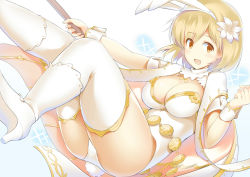 Rule 34 | 10s, 1girl, alternate costume, animal ears, blonde hair, blush, boots, breasts, brown eyes, cape, cleavage, djeeta (granblue fantasy), fake animal ears, female focus, flower, gradient background, granblue fantasy, hair flower, hair ornament, hairband, high heel boots, high heels, large breasts, leotard, looking at viewer, mocchisake, plant, rabbit ears, sage (granblue fantasy), short hair, simple background, smile, solo, thighhighs, white background, white thighhighs, wrist cuffs