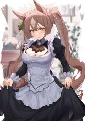 Rule 34 | 1girl, alternate costume, animal ears, apron, ascot, black dress, blush, braid, breasts, brooch, brown ascot, brown hair, cleavage, cleavage cutout, closed mouth, clothing cutout, dress, ear ornament, enmaided, gem, grey hair, highres, horse ears, indoors, jewelry, juliet sleeves, kyuu (chiu850513), large breasts, long hair, long sleeves, looking at viewer, maid, multicolored hair, puffy sleeves, satono diamond (umamusume), skirt hold, solo, twintails, two-tone hair, umamusume, very long hair, white apron, yellow eyes