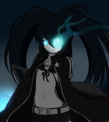 Rule 34 | 1girl, arms behind back, bad id, bad pixiv id, belt, belt buckle, bikini, bikini top only, black bikini, black coat, black hair, black rock shooter, black rock shooter (character), black shorts, blue eyes, buckle, closed mouth, coat, commentary request, drawstring, flaming eye, front-tie bikini top, front-tie top, glowing, glowing eye, hair between eyes, long hair, looking at viewer, navel, open clothes, open coat, pale skin, peru (perushee), short shorts, shorts, solo, swimsuit, twintails, very long hair, white belt, zipper pull tab