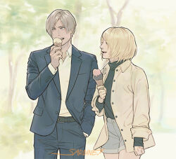 Rule 34 | 1boy, 1girl, artist name, ashley graham, belt, blonde hair, blue jacket, blue pants, collared shirt, cowboy shot, grey hair, grey shorts, hand in pocket, holding food, holding ice cream, ice cream, ice cream cone, jacket, leon s. kennedy, long sleeves, open mouth, outdoors, pants, parted bangs, resident evil, resident evil 4, resident evil 4 (remake), sardine (kjr0313), shirt, shirt tucked in, short hair, shorts, sleeves rolled up, suit jacket, turtleneck, white shirt, yellow jacket