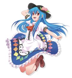 Rule 34 | 1girl, :d, blue hair, boots, dress, female focus, food, fruit, hand on headwear, hat, hinanawi tenshi, jumping, long hair, open mouth, peach, red eyes, shimouki izui, smile, solo, touhou