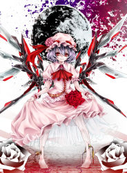 Rule 34 | 1girl, artist request, barefoot, cable, clothes lift, dress, dress lift, female focus, flower, hat, highres, mechanical wings, pink flower, pink rose, purple hair, red eyes, red flower, red rose, remilia scarlet, rose, shiki takuto, short hair, solo, touhou, white flower, white rose, wings