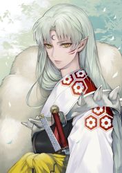 Rule 34 | 1boy, commentary request, crescent, facial mark, forehead mark, fur, highres, inuyasha, japanese clothes, kimono, long hair, looking at viewer, makeup, male focus, outdoors, parted bangs, petals, pointy ears, sesshoumaru, silver hair, solo, spikes, sword, tcb, weapon, yellow eyes