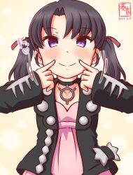 Rule 34 | 1girl, artist logo, black choker, black hair, black jacket, choker, cosplay, creatures (company), dated, dress, earrings, forced smile, game freak, gradient background, hair ribbon, jacket, jewelry, kanon (kurogane knights), kantai collection, long sleeves, looking at viewer, marnie (pokemon), marnie (pokemon) (cosplay), nintendo, one-hour drawing challenge, open clothes, pink dress, pokemon, pokemon swsh, purple eyes, red ribbon, ribbon, short hair, shounan (kancolle), solo, twintails, upper body, yellow background